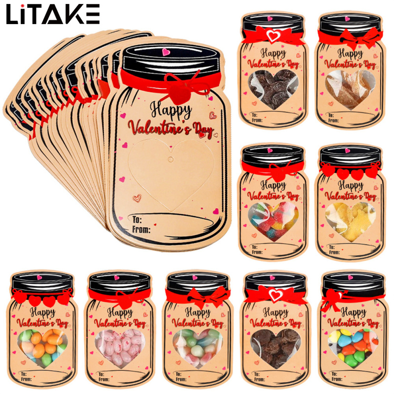 50pcs Kraft Paper Candy Jar Valentine Cards Set With 50 Transparent Sealed Bags For School Class Classroom Valentines - ยี่ห้อ Litake ราคา 248 บาท*ส่งฟรี