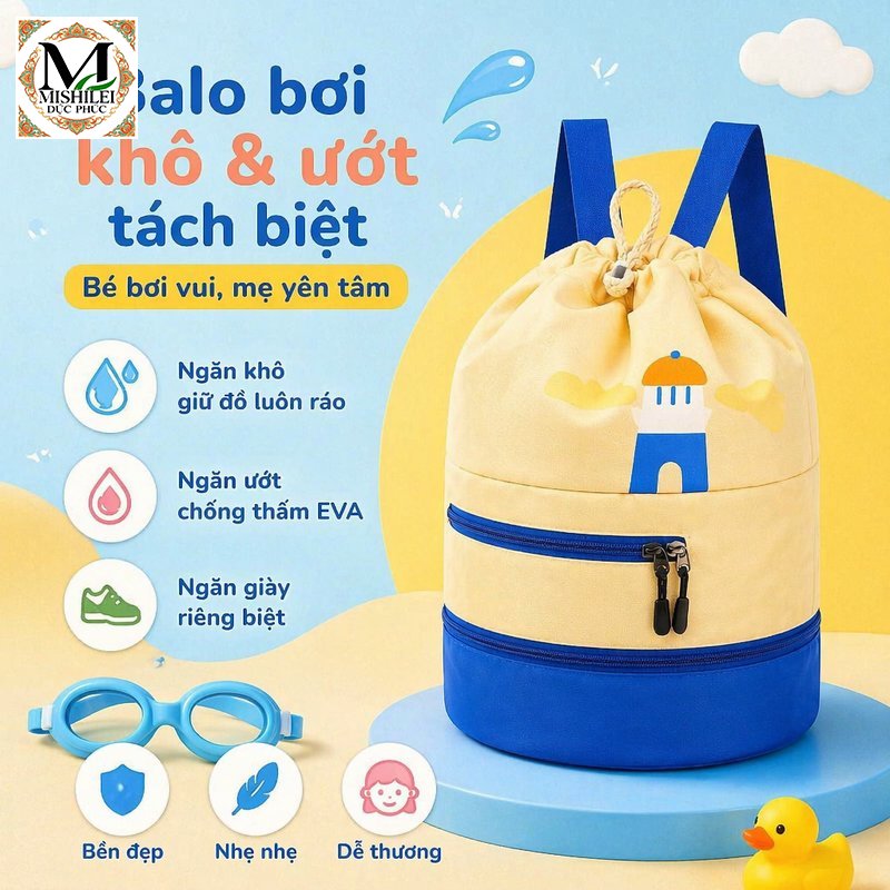 Mishilei Túi khô ướt túi đựng đồ bơi chống thấm ngăn riêng dây rút cho bé đi học đi biển nhẹ bền