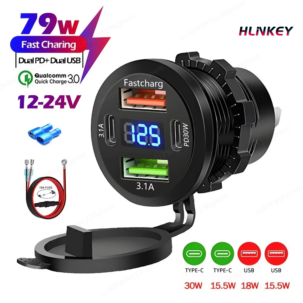 HLINKEY Car Charger Dual Type-C Dual USB-A Car Charger Socket Waterproof with LED Voltmeter 12V 24V Fast Charging for Motorcycle Vehicle ราคา 108 บาท*ส่งฟรี