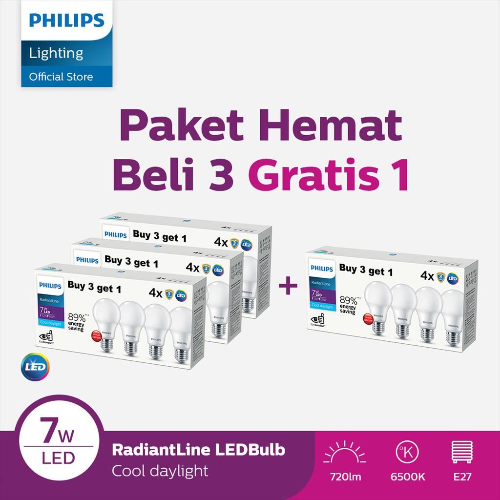 Philips Lampu LED Paket Hemat Beli 3 Gratis 1 Multipack Radiantline 7W 6500K Putih Harga 251,370 rupiah*Gratis Ongkir
