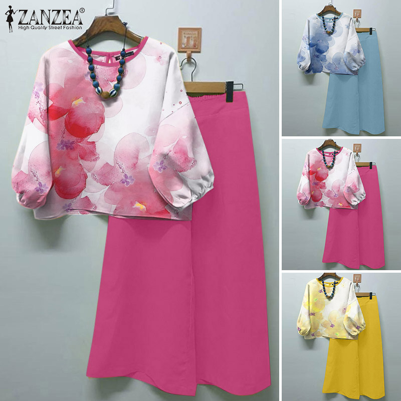 Esolo ZANZEA Women Long Pants Two-piece Outfits 3/4 Sleeve Round-Neck Floral Print Blouses Daily Suits #0224 ราคา 395 บาท*ส่งฟรี
