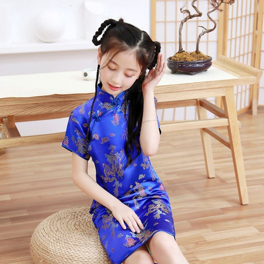 ZM6J3J Tinh tế Hoài cổ Cổ điển Thiết kế thích hợp Họa Tiết Rồng Phượng Hoàng Lụa Thoải mái Mùa hè Váy bé gái Sườn xám bé gái Váy qipao truyền thống cho trẻ em Đầm phong cách Trung Quốc - 6