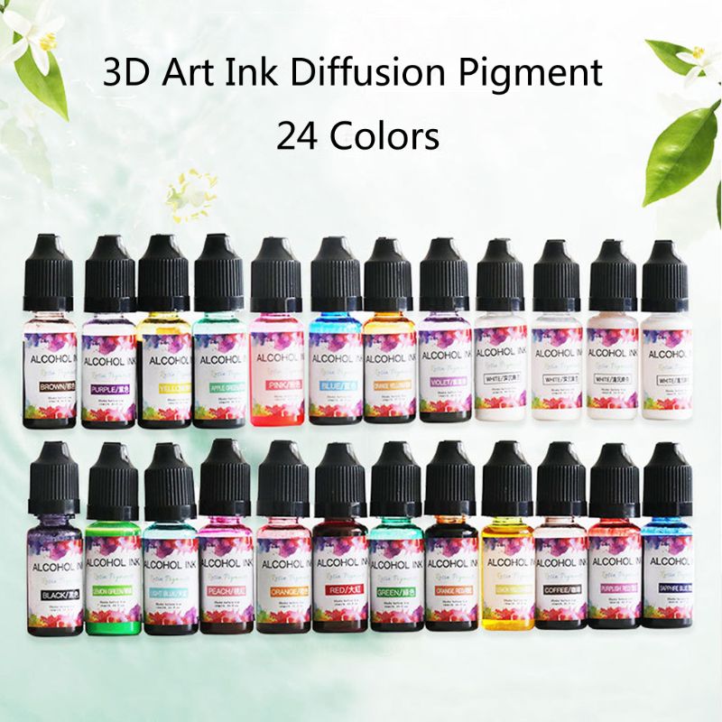 24 Colors 10ML Art Ink Alcohol Resin Pigment Kit Liquid Resin Colorant Dye Ink Diffusion UV Epoxy Resin Jewelry Making