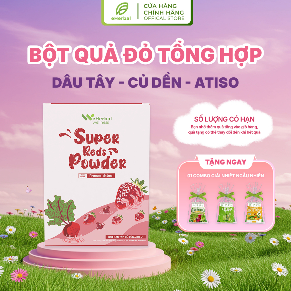 Bột Quả Đỏ Tổng Hợp Vị Dâu Tây, Củ Dền, Aitso Sấy Thăng Hoa Eherbal (Hộp 60g | 15 gói x 4g)