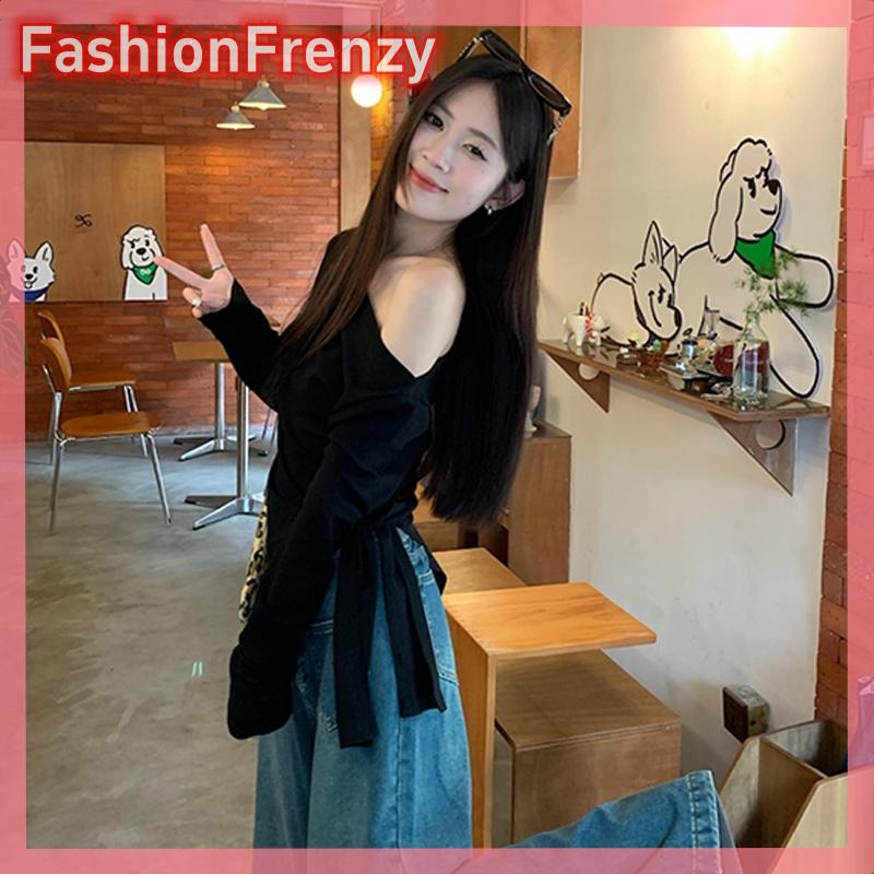 FashionFrenzyY Áo len dệt kim dài tay trễ vai màu trơn thời trang cho nữ
