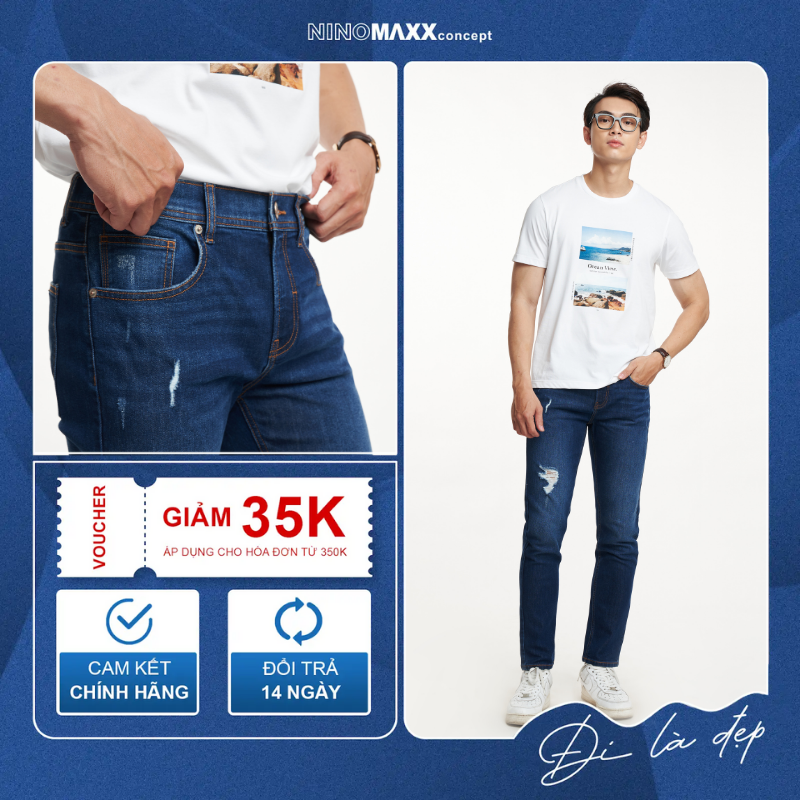   CÒN SIZE 36  NINOMAXX Quần jean nam wash slim fit co giãn tốt 2207017 