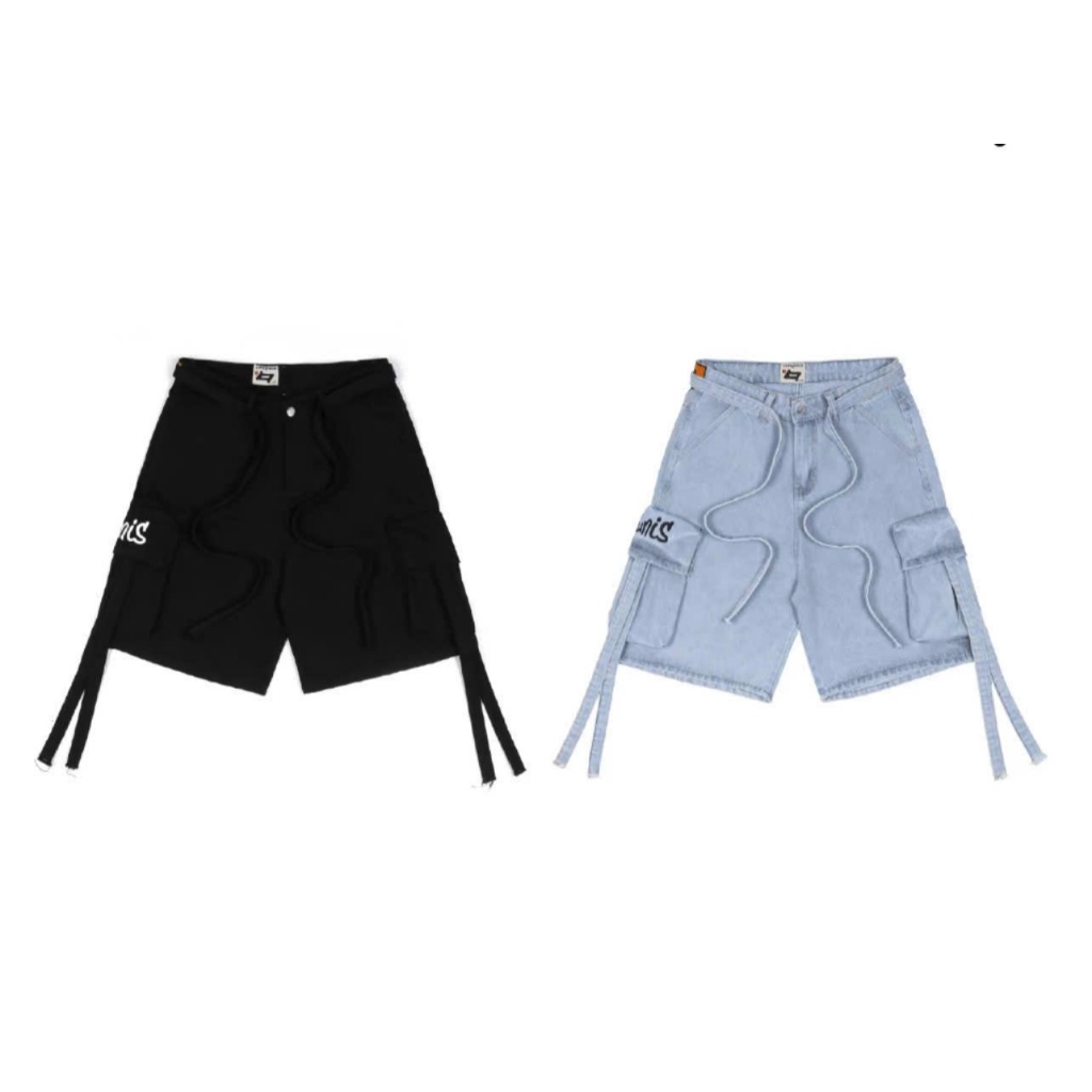 Quần Short Jeans Túi Hộp ống rộng form lửng phối dây , quần short cargo vải jeans dày dặn unisex nam nữ
