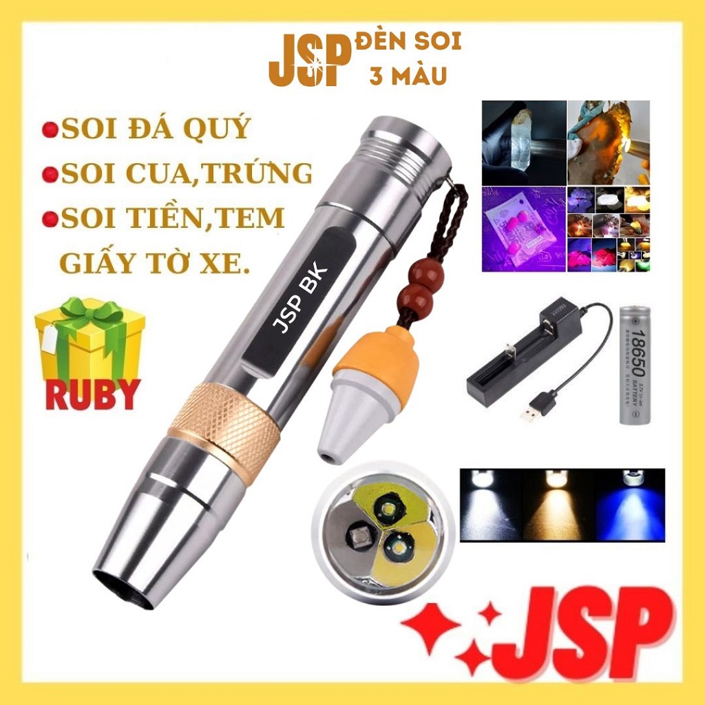 Đèn soi đá quý 3 màu BK01 Trắng Vàng Tím kèm sạc pin đèn soi cua gạch soi tiên giả JSP tặng đá ruby thô JSPa
