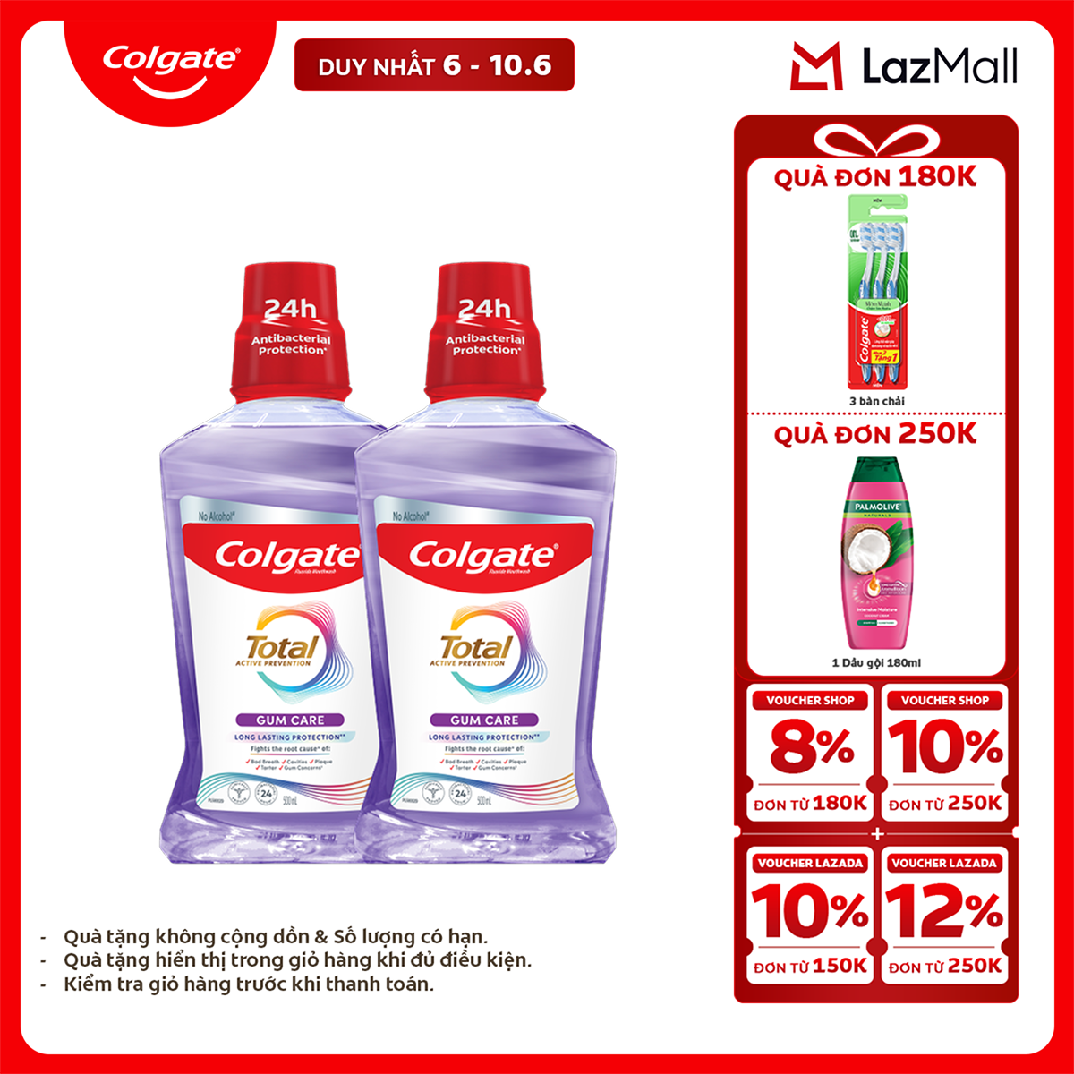 [Chỉ 6-10.6_X2 Voucher giảm 22%] Bộ 2 nước súc miệng Colgate diệt khuẩn, không cồn 500ml/ chai