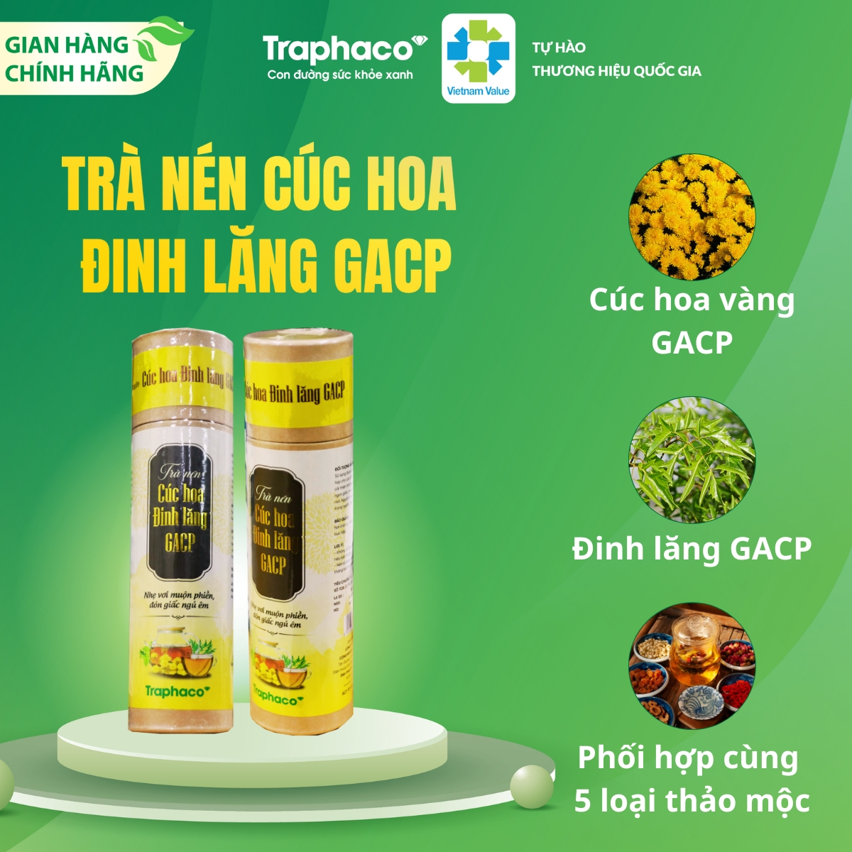 Trà Cúc Hoa Đinh Lăng GACP Traphaco - Hỗ trợ Ngủ Ngon, An Thần, Giảm Căng Thẳng (Lọ 10 viên)