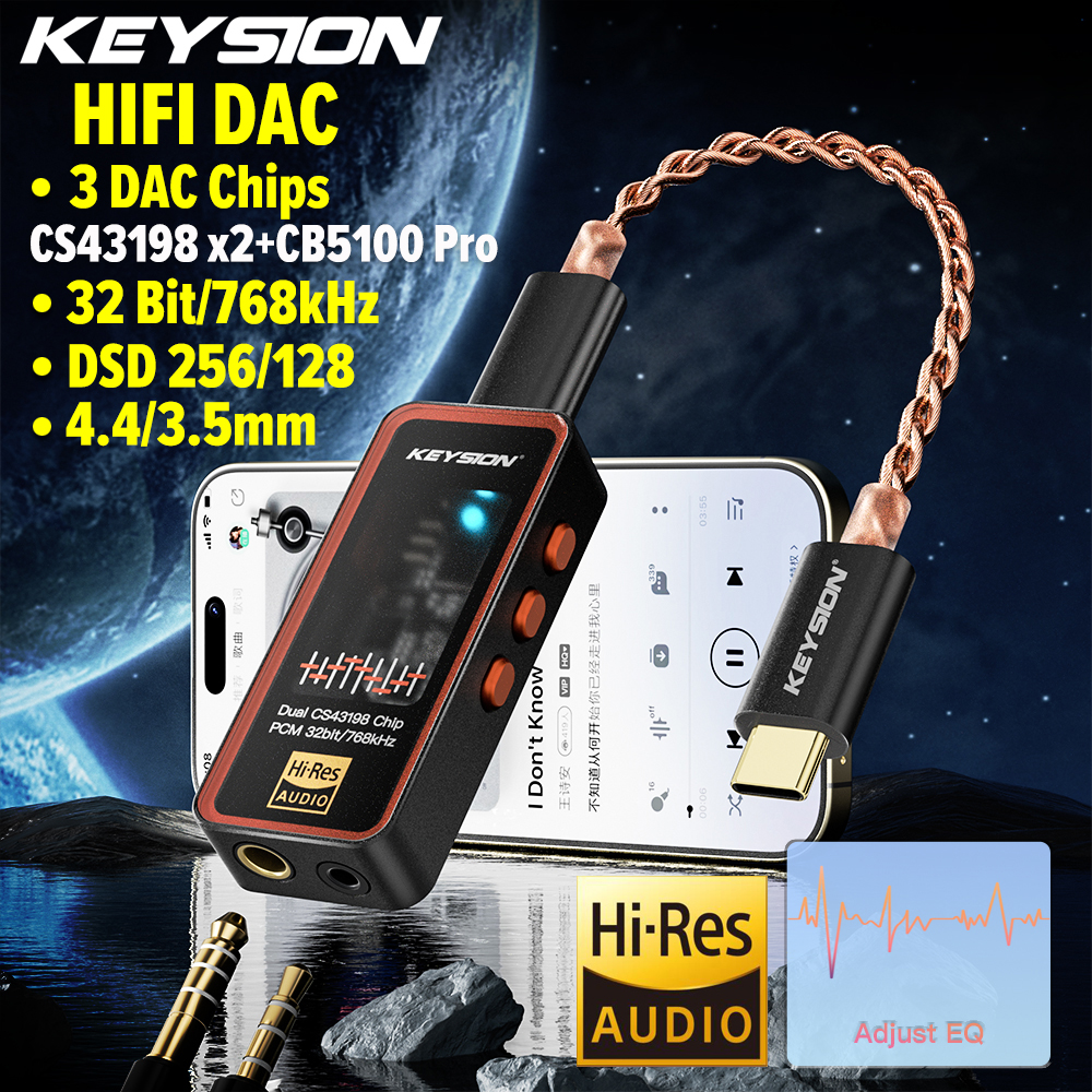 KEYSION Dual CS43198 DAC Audio HiFi Decoder 768KHz DSD256 Type-C to 3.5/4.4 Adjust EQ Headphone Amplifier for Android iOS Win10 ราคา 1,632 บาท*ส่งฟรี