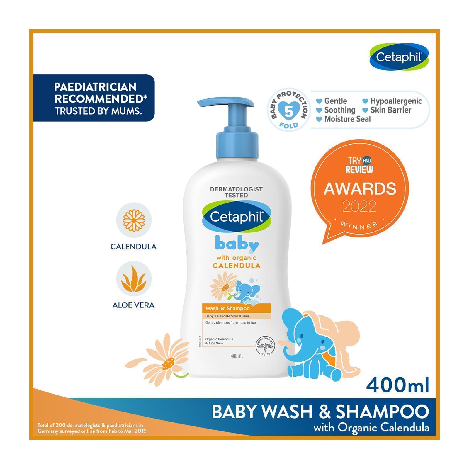 Cetaphil Baby Wash & Shampoo with Organic Calendula and Sunflower Seed Oil 400ML [Gentle & Hypoallergenic] Bath Gel
