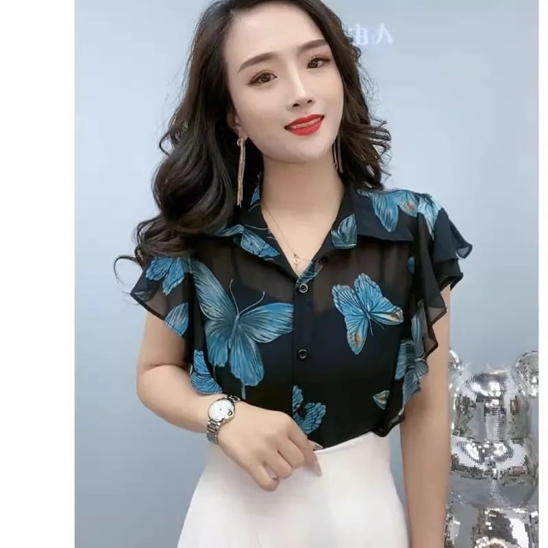LUNAáo girl phố nữ set đồ nữ đẹp Mùa hè 2024 ve áo cánh bướm in áo sơ mi chiffon nữ thiết kế cảm giá