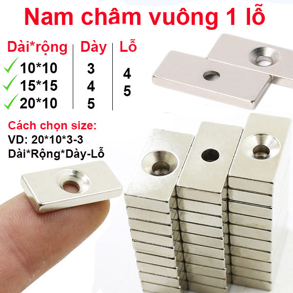 (1 Viên) Nam châm đất hiếm vuông , chữ nhật 1 lỗ 10-20mm ||