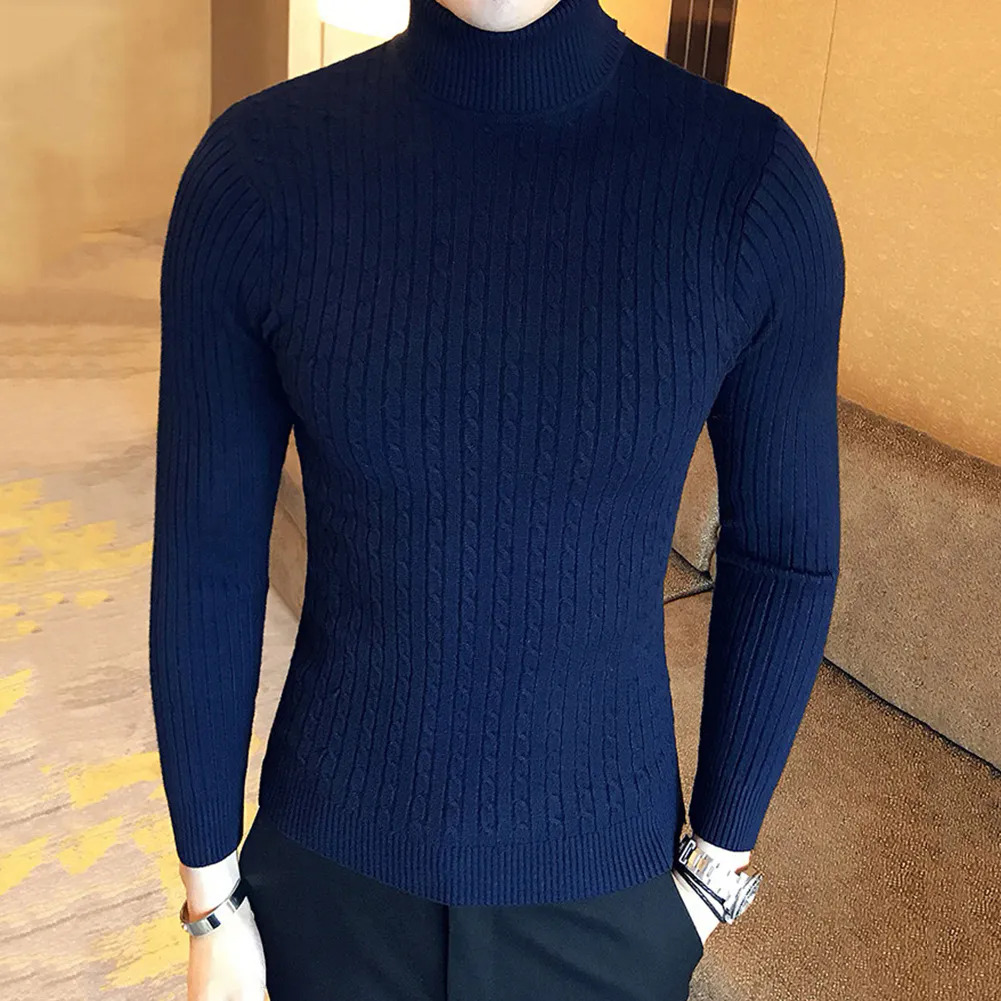 Casual Men Winter Solid Color Turtle Neck Long Sleeve Twist Knitted Slim Sweater Men's Knitted Sweaters Pullover Men999_voghion.com