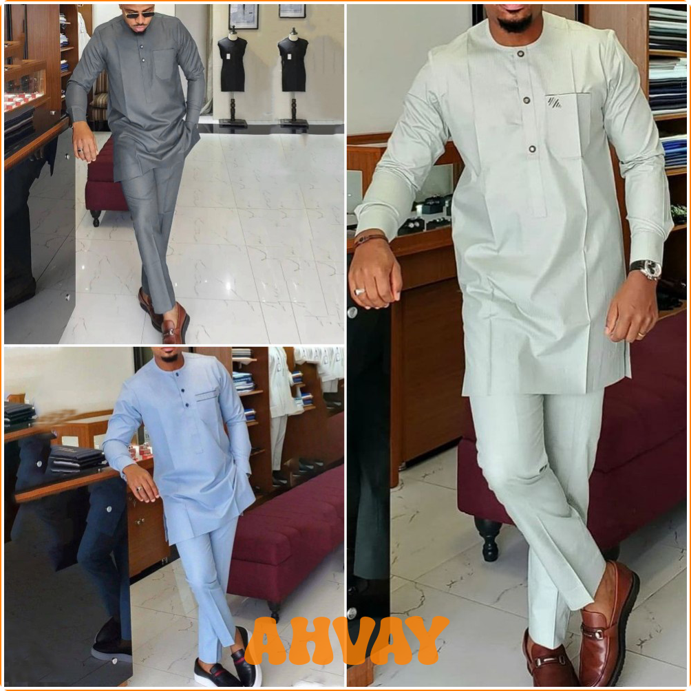 [AHVAY] Men's Set Ethnic Style Solid Color Pockets Long-sleeved Top Trousers Men's Clothing 2 piece outfit Suit Casual Dashiki Tees Pant ☆ ราคา  8,305 บาท*ส่งฟรี