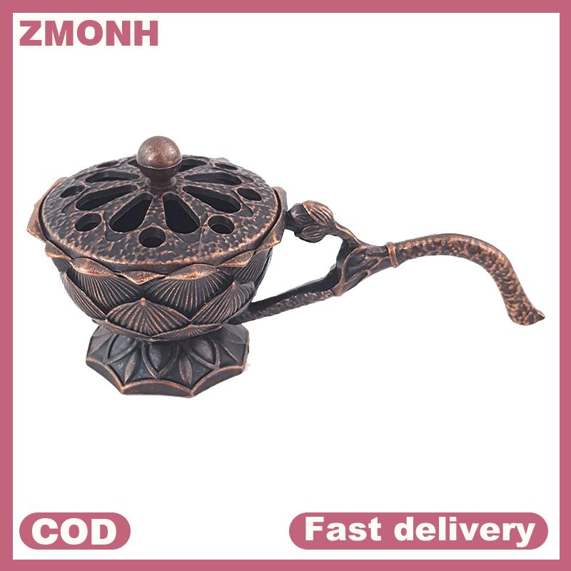 ZMONH กระถางธูปโลหะทรงดอกบัวพร้อมที่จับเครื่องหอมสำหรับฝึกสมาธิโยคะของตกแต่งบ้านธูปอัลลอยสไตล์โบราณ