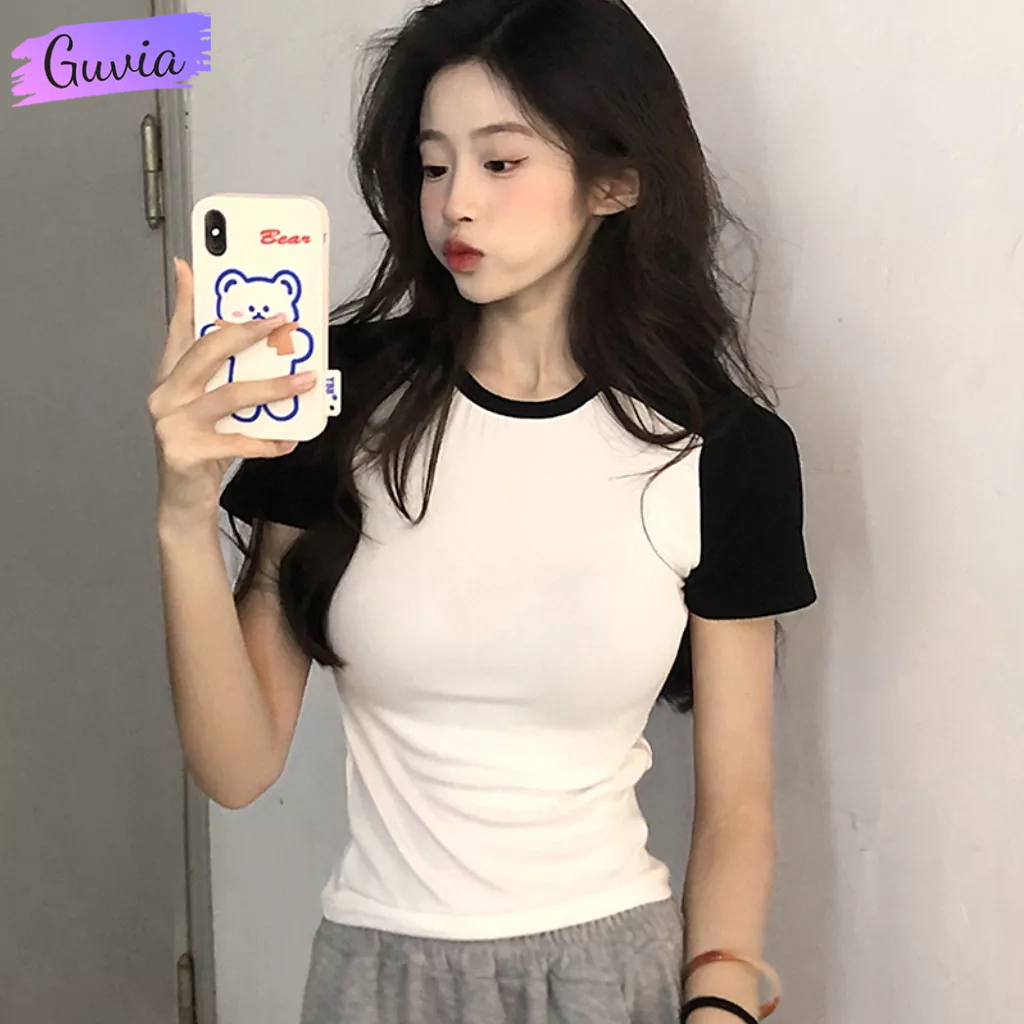 Áo Thun Nữ Baby Tee Trơn PHỐI MÀU Chất Thun Gân Co Dãn Ôm Body Cổ Tròn Tay Ngắn GUVIA