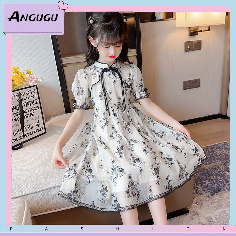 Angugu 2024 Đầm Công Chúa Voan Váy sườn xám hoa nát mới cho bé gái quần áo mùa hè tay ngắn phong các