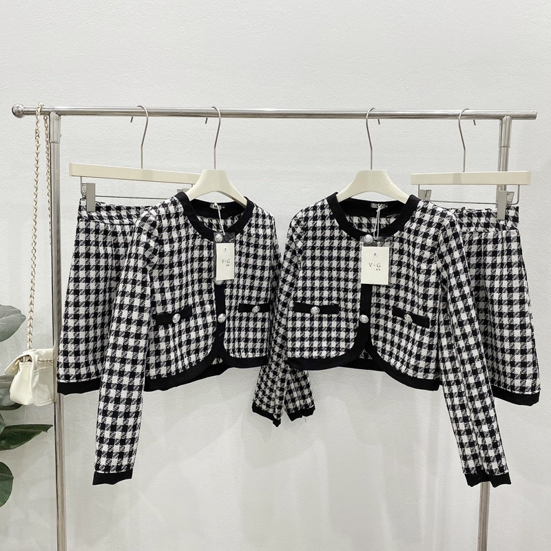 Set Dạ Tweed Kẻ Áo Khoác Mix Chân Váy Hàng 2 Lớp Có Ảnh Thật Kèm Video