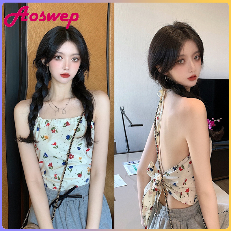 เสื้อกั๊ก Halter เหมาะสำหรับผู้หญิง ดอกไม้เล็ก ๆ แขวนคอผีเสื้อสายคล้องคอ แฟชั่นเซ็กซี่ Strappy Vest ราคา 85 บาท*ส่งฟรี
