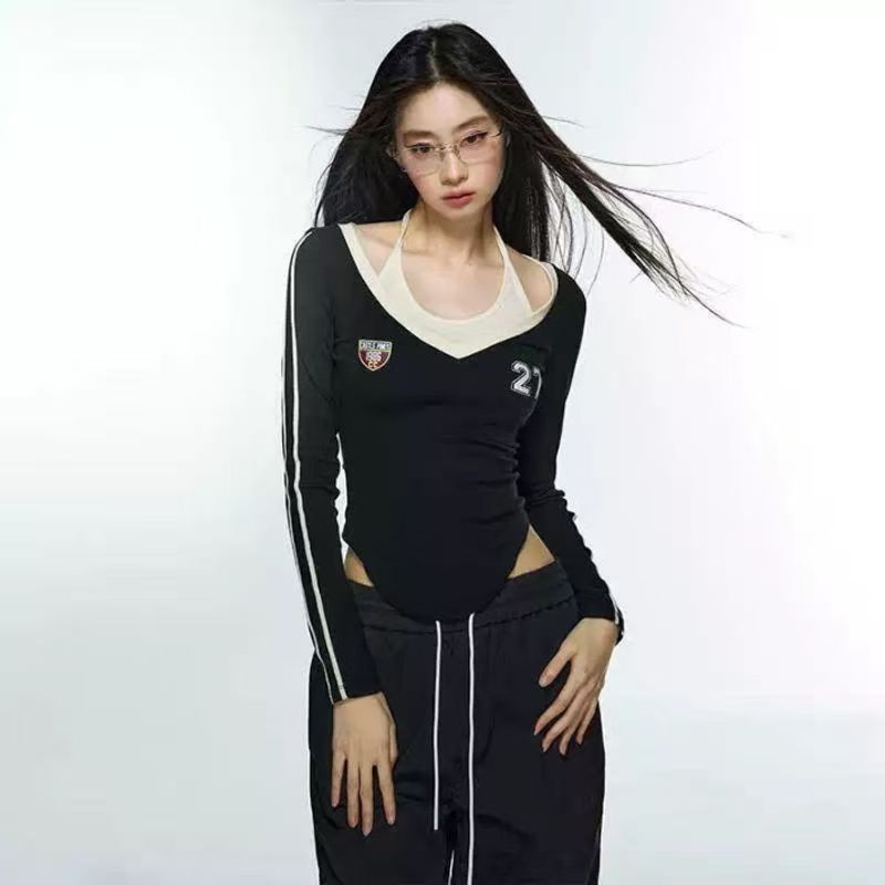 Ruo YE Áo thun nữ dài tay ngắn khâu cổ yếm áo dài tay