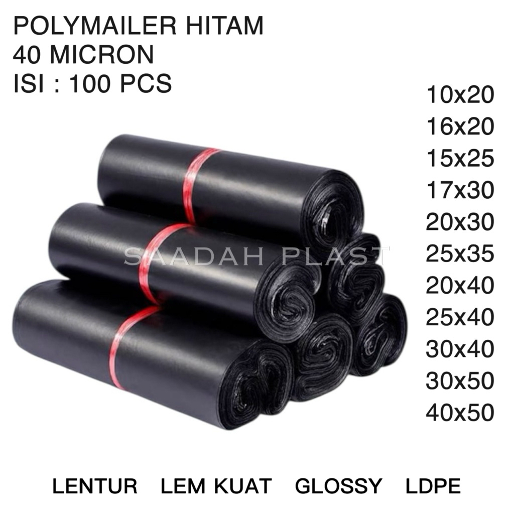 POLYMAILER OLSHOP GLOSSY 10X20 16x20 15x25 17x30 20x30 25x35 20x40 25x40 30x40 30x50 35x50 40x50 / Kantong Plastik Hitam Packing Ada Lem Seal