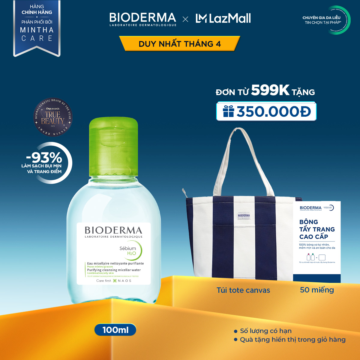 Dung dịch làm sạch và tẩy trang micellar cho da hỗn hợp và da dầu Bioderma Sebium H2O - 100ml
