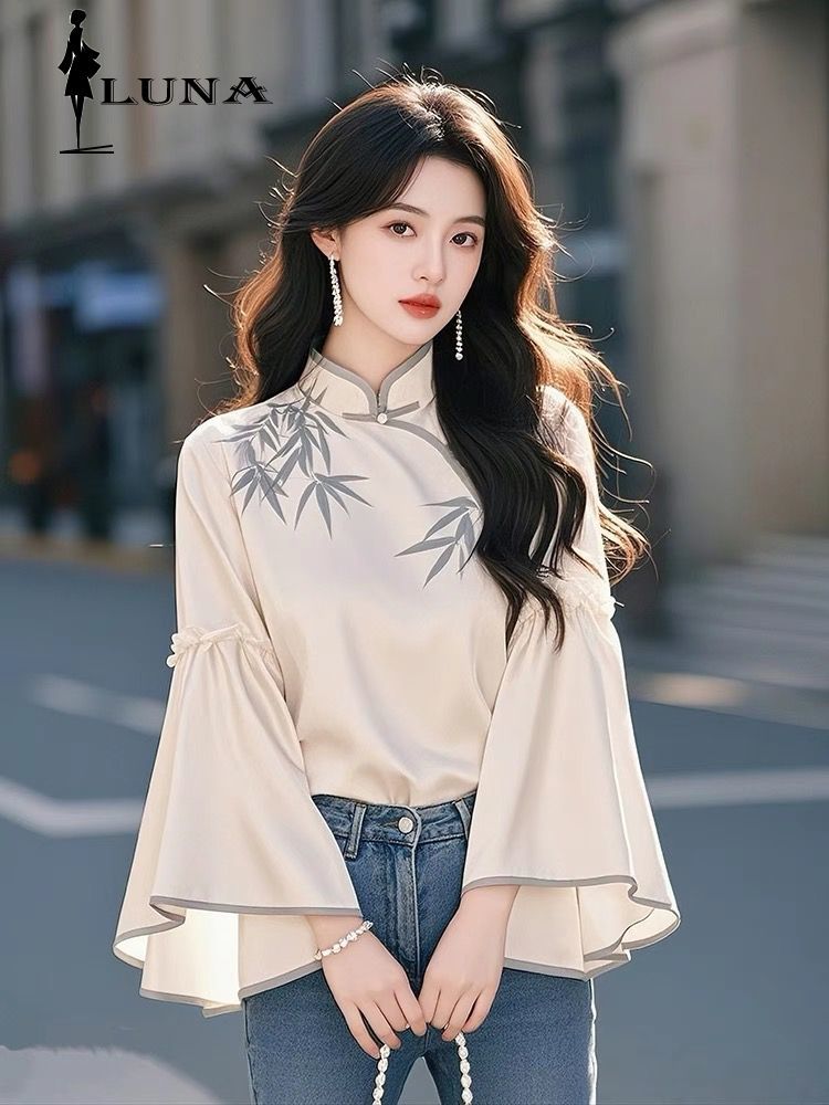  LUNAáo girl phố nữ Áo thun dài tay nữ kiểu Trung Quốc mới đứng cổ tre lá áo sơ mi nữ loa tay áo độc đáo siêu đẹp khí chất quốc phong áo váy nữ đẹp đi chơi dép nữ xinh áo crotop nữ kiểu rẻ vô đố 