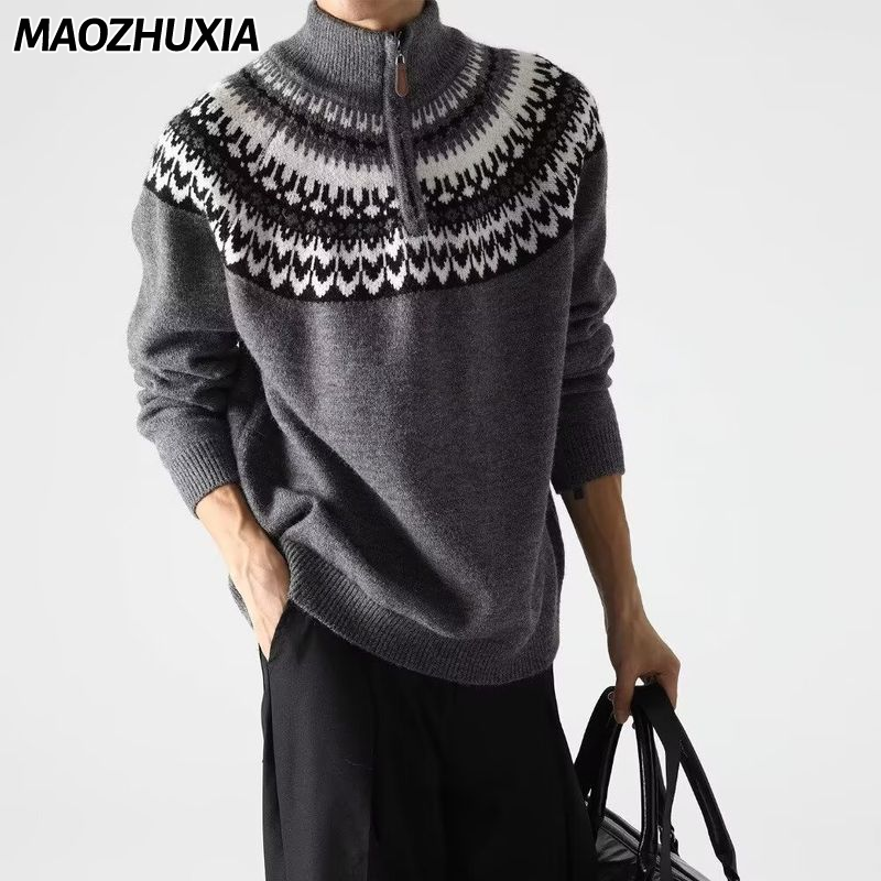 Maozhuxia kiểu Bắc Âu Fairisland chắp vá Áo len đan đứng cổ áo áo len khóa kéo nam rộng và ấm áp xu hướng giản dị áo khoác mùa đông