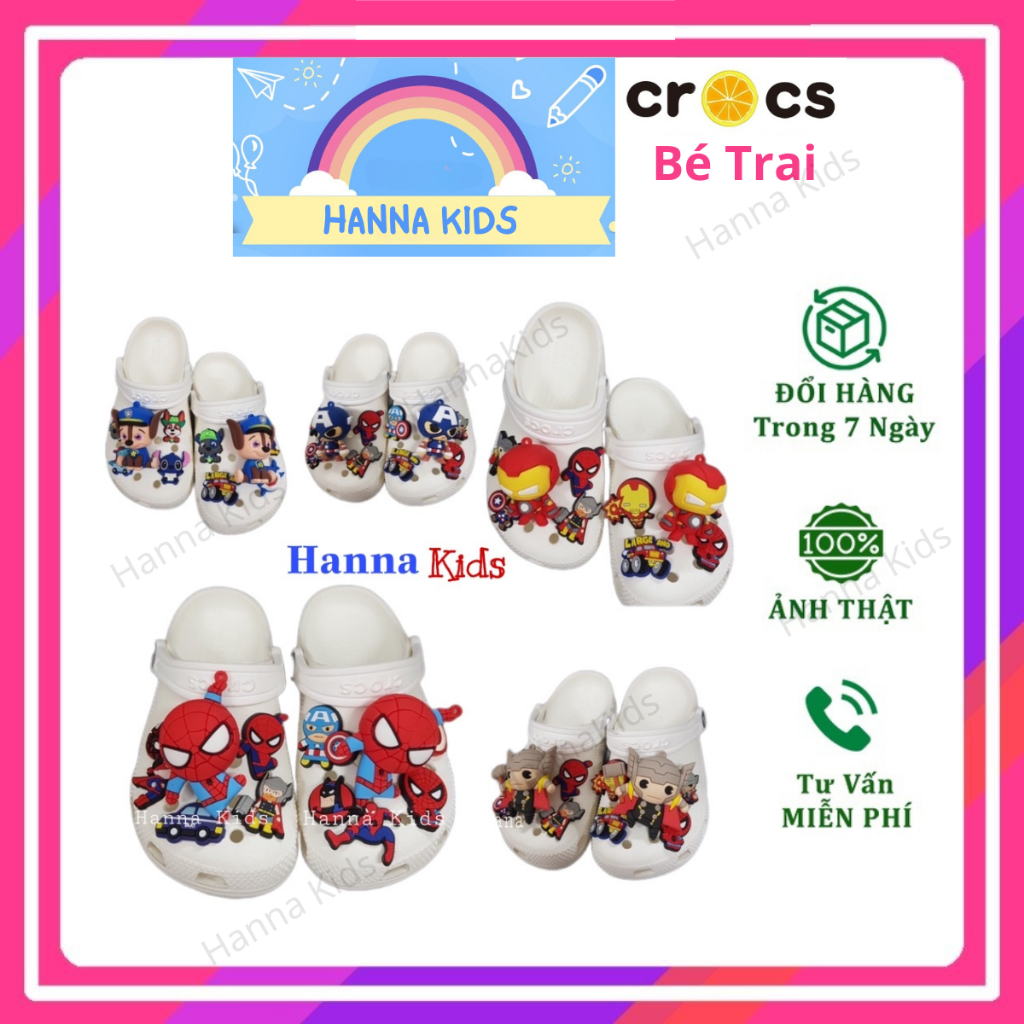 Tặng 12 sticker - dép cross cho bé trai hannakids màu trắng sục crocs classic cho trẻ em nam nữ giày clog kid xuất khẩu