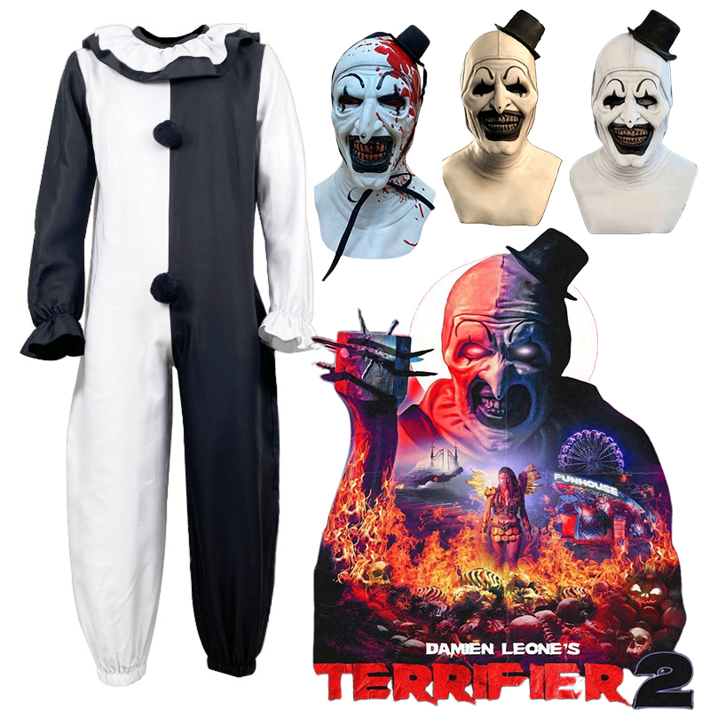 Phim terrifier 2 nghệ thuật các hóa trang chú hề trang phục Jumpsuit mặt nạ mũ terrifier nghệ thuật hóa trang chú hề trang phục halloween nam nữ