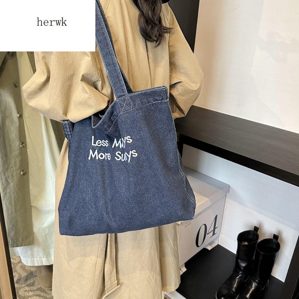 HERWK Thêu chữ Túi vải denim Túi đeo vai Phong cách đường phố Túi xách cổ điển Đơn giản Túi mua sắm Túi Tote Đơn Giản Cô gái