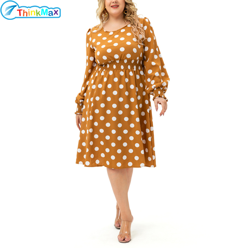 Women Fashion Dress Long-sleeved Round Neck Waist Fit Polka-dot Print Mid-length Dress ราคา 515 บาท*ส่งฟรี
