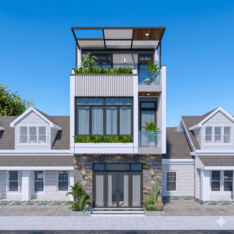 5x10m Bản Vẽ Thiết Kế nhà 3 tầng Hiện Đại Sang Trọng. In Giấy A3, ảnh 3D màu, gồm Kiến Trúc, Kết Cấu, Điện, Nước