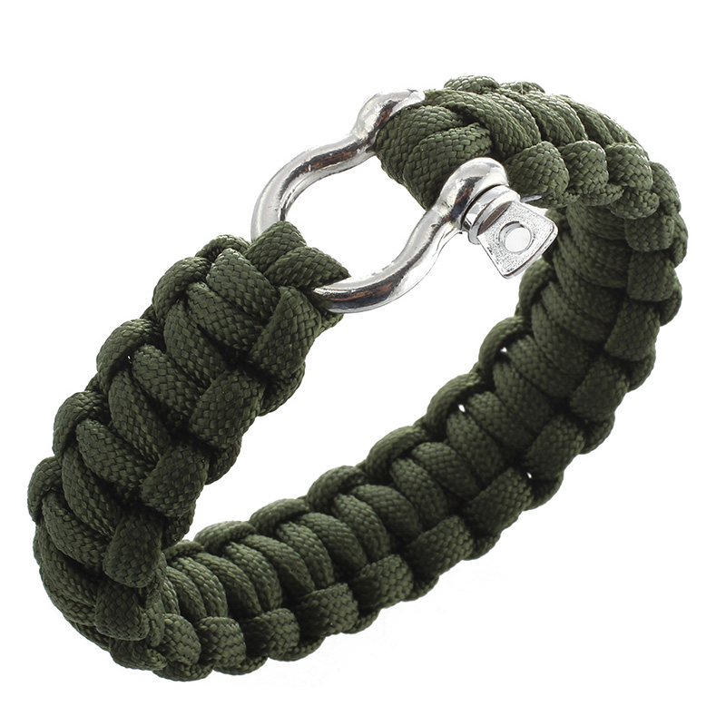 survival bracelet with stainless steel bow shackle - olive drab green