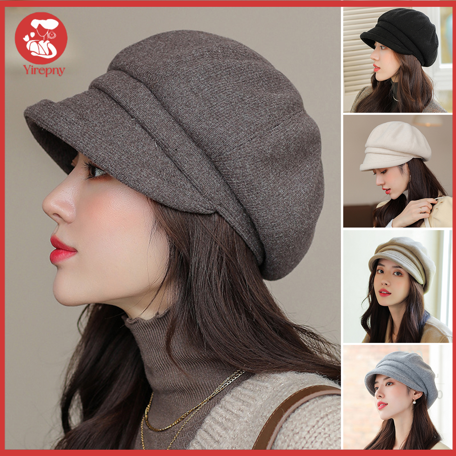 Yirepny Women Beret Retro Thick Solid Color Casual Curled Edge Keep Warm Elegant Short Brim Octagonal Cap for Daily Wear ราคา 296 บาท*ส่งฟรี