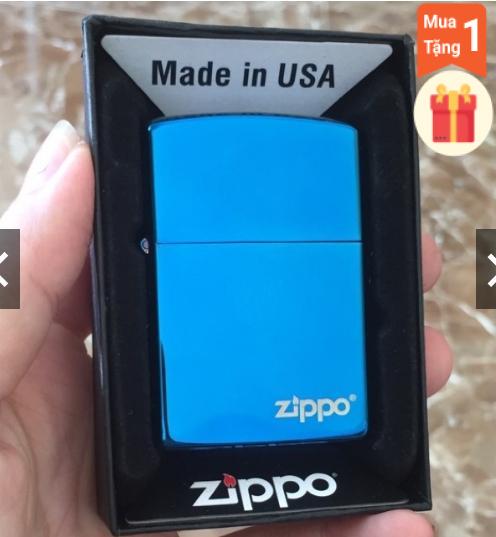 Bật lửa, hộp quẹt Zippo sapphire loại trơn bóng in Logo, Vỏ đồng ruột thép có tem đỏ