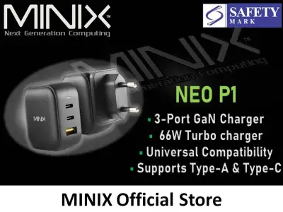 MINIX Neo P1 66W Turbo 3-Port GaN Wall Charger 2 x USB-C Fast Charging Adapter, 1 x USB-A Quick Charge 3.0, Compatible with MacBook Pro Air, iPad Pro, iPhone 12/12 mini/11, Galaxy S9 S8 and More by Amconics Sole Distributor in Singapore