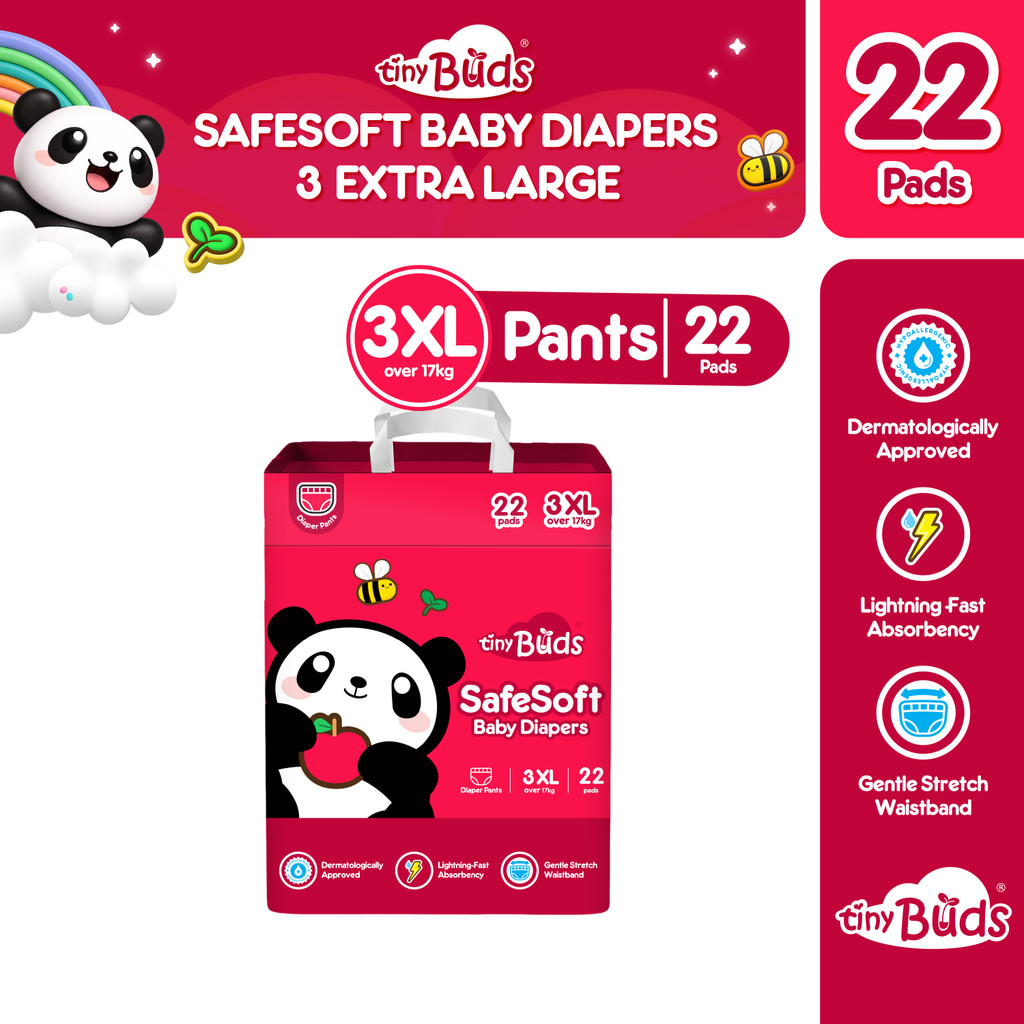Tiny Buds Baby SafeSoft Pants Diaper Triple Extra Large 3XL over 17kg (22pcs) | Hypoallergenic Double Leak Guard