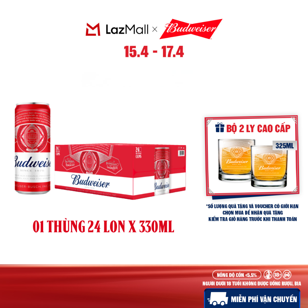 Thùng 24 Lon Bia Budweiser Sleek Can Chính Hãng (330ml/lon)