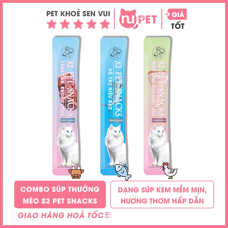 Combo 100 thanh súp thưởng mèo S2 Pet Snack 15g, súp thơm ngon, sánh mịn cho mèo mọi lứa tuổi