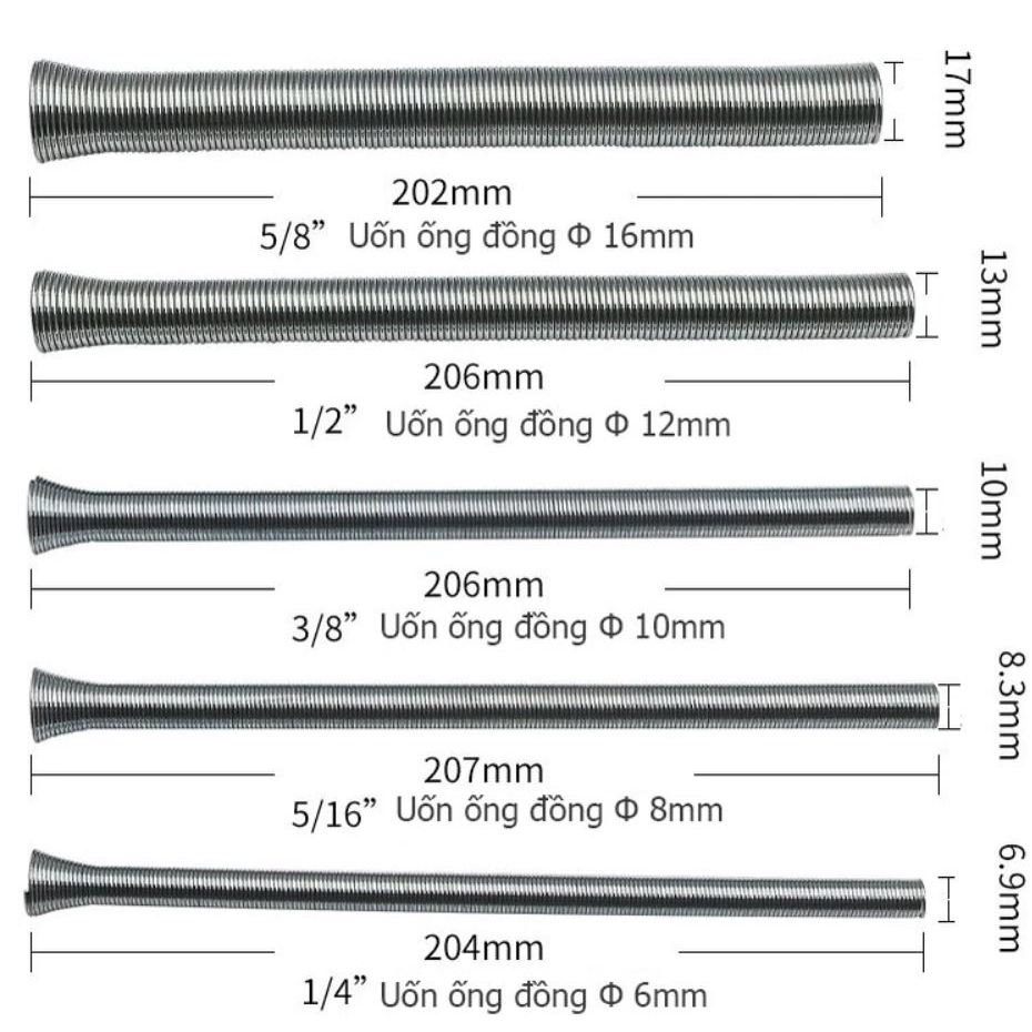 Combo 5 Lò Xo Uốn Ông Đồng điều hòa đường kính ống 6, 8, 10, 12, 16 mm cho anh em thợ làm điều hoà