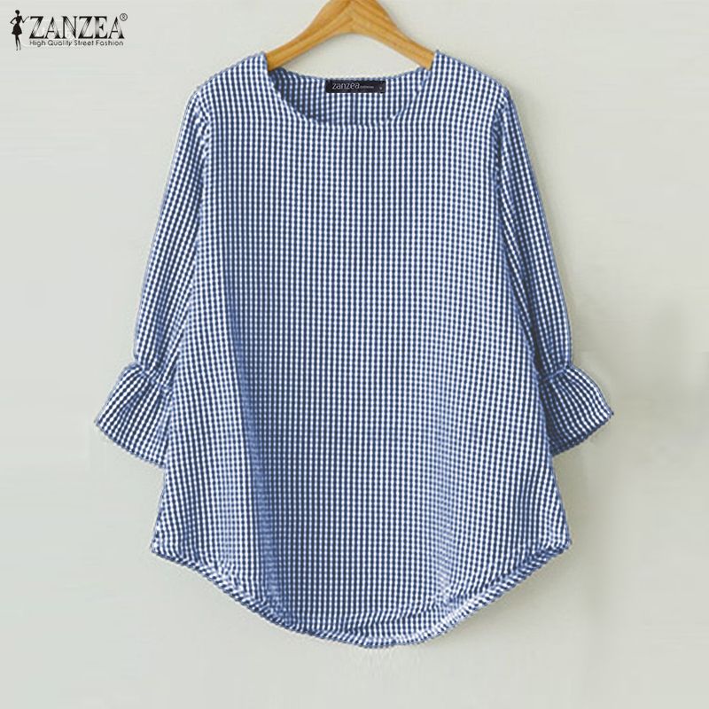 Celmia kiểu cổ điển cho nữ ZANZEA in họa tiết đường ô kẻ 3/4 tay áo cánh A-line xù cạnh hàng đầu #1013