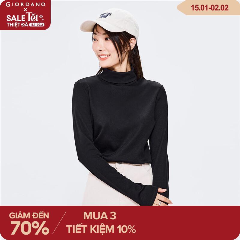 Áo phông nữ tay dài cổ cao chất 100% cotton trơn mịn thoải mái Giordano Free Shipping 05321804