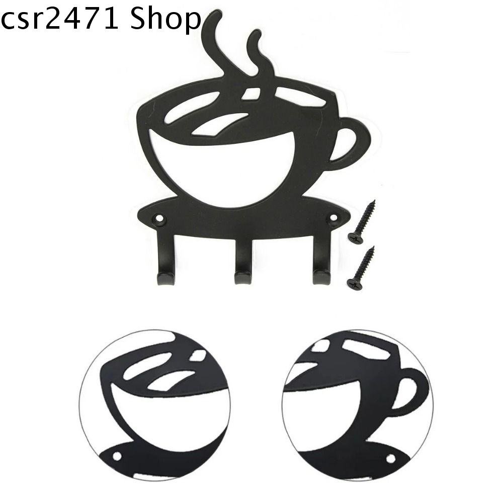 CSR2471 Đồ thủ công mỹ nghệ bằng sắt Móc chìa khóa Gắn tường Đen Móc trang trí Dễ lắp đặt Hình cốc cà phê Móc treo tường Hộ gia đình
