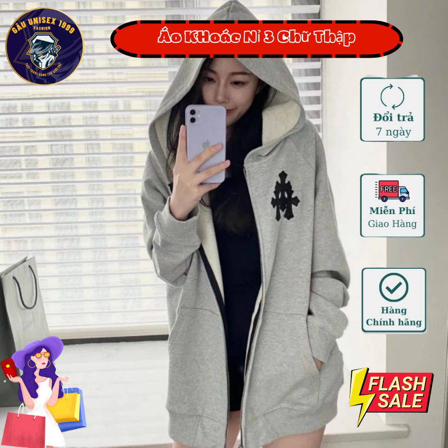 Áo Khoác Nỉ Chữ Thập Khoá Zip Kéo Mũ Trùm Đầu  Chất Nỉ Dày Dặn, Trẻ Trung Cá Tính Nam Nữ