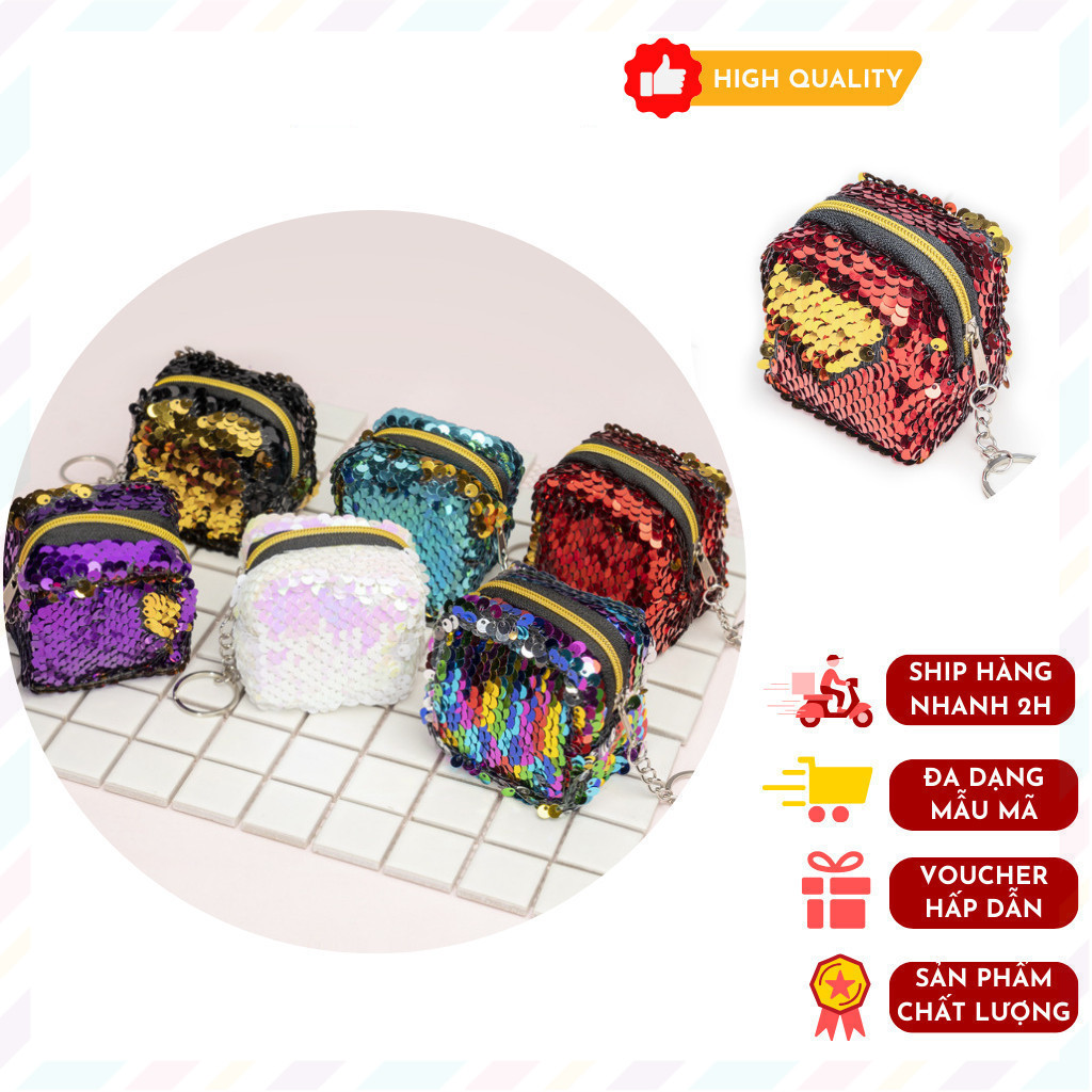 Ví Đựng Tiền Đính Kim Tuyến Mini Đựng Tiền Lẻ, Thẻ Xe Tiện Dụng Retro .