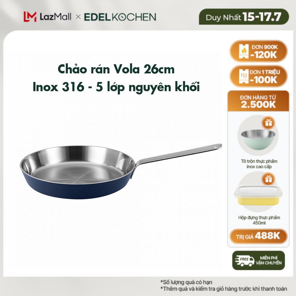 Chảo chiên inox 316 - 5 lớp nguyên khối cao cấp Edelkochen Vola Collection 26 cm – Màu Modern Blue