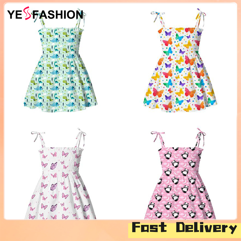 Yesfashion Store IN stockGirls Ruffled Dress Cartoon Butterfly Panda Printing Suspender Dress Summer Breathable Skirt ราคา 151 บาท*ส่งฟรี
